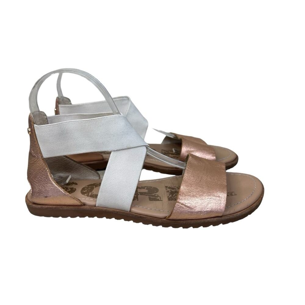 SOREL Women 8.5 Ella Sandal Natural Rose Gold Elastic Ankle Strap Slide Slip On
